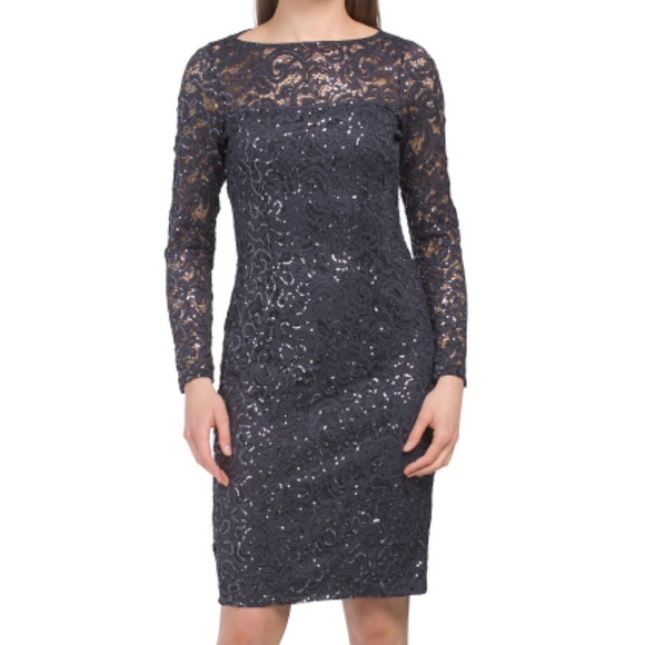 Illusion Neck Sequin Lace Dress - Picture 2 of 7